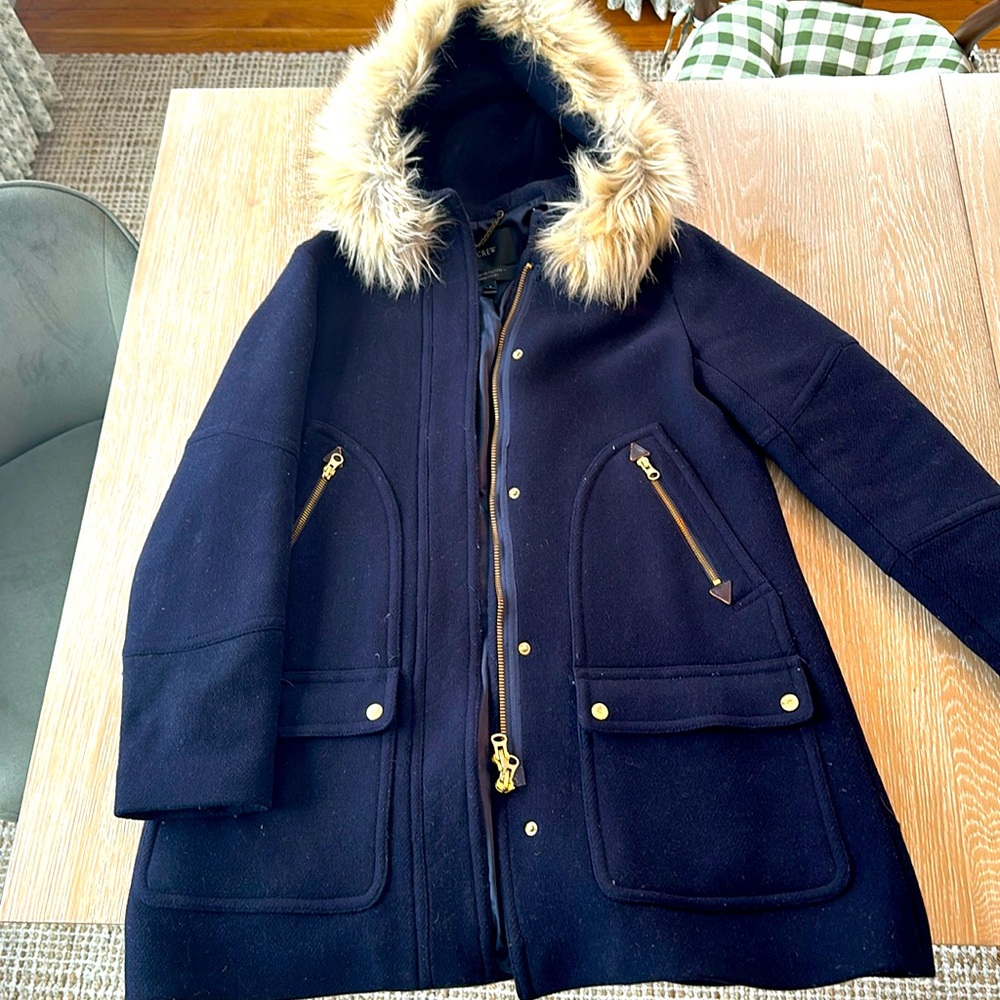J. Crew Chateau Parka Stadium Cloth Wool Blend Coat Trim Fur, Navy Size 8